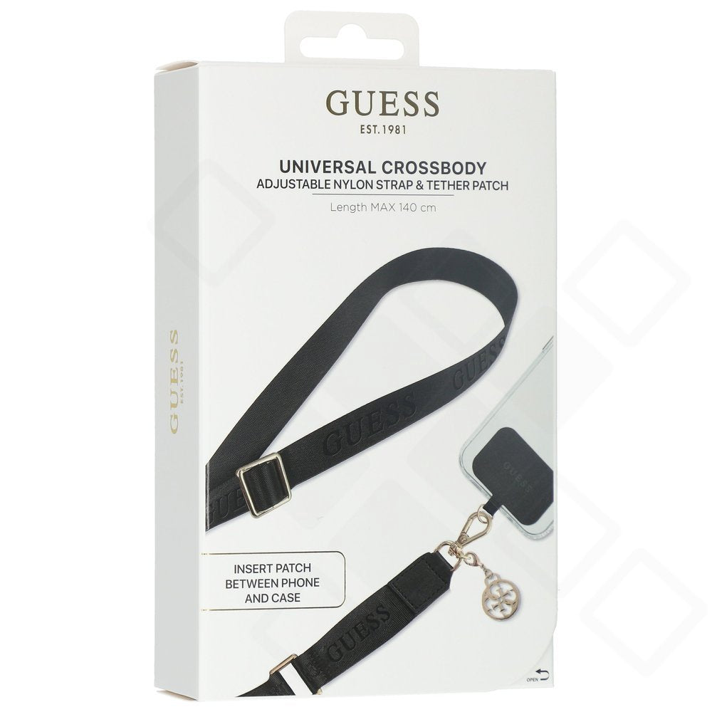 Guess Nylon Crossbody Strap mit Charm | Handy Umhängeband Schwarz