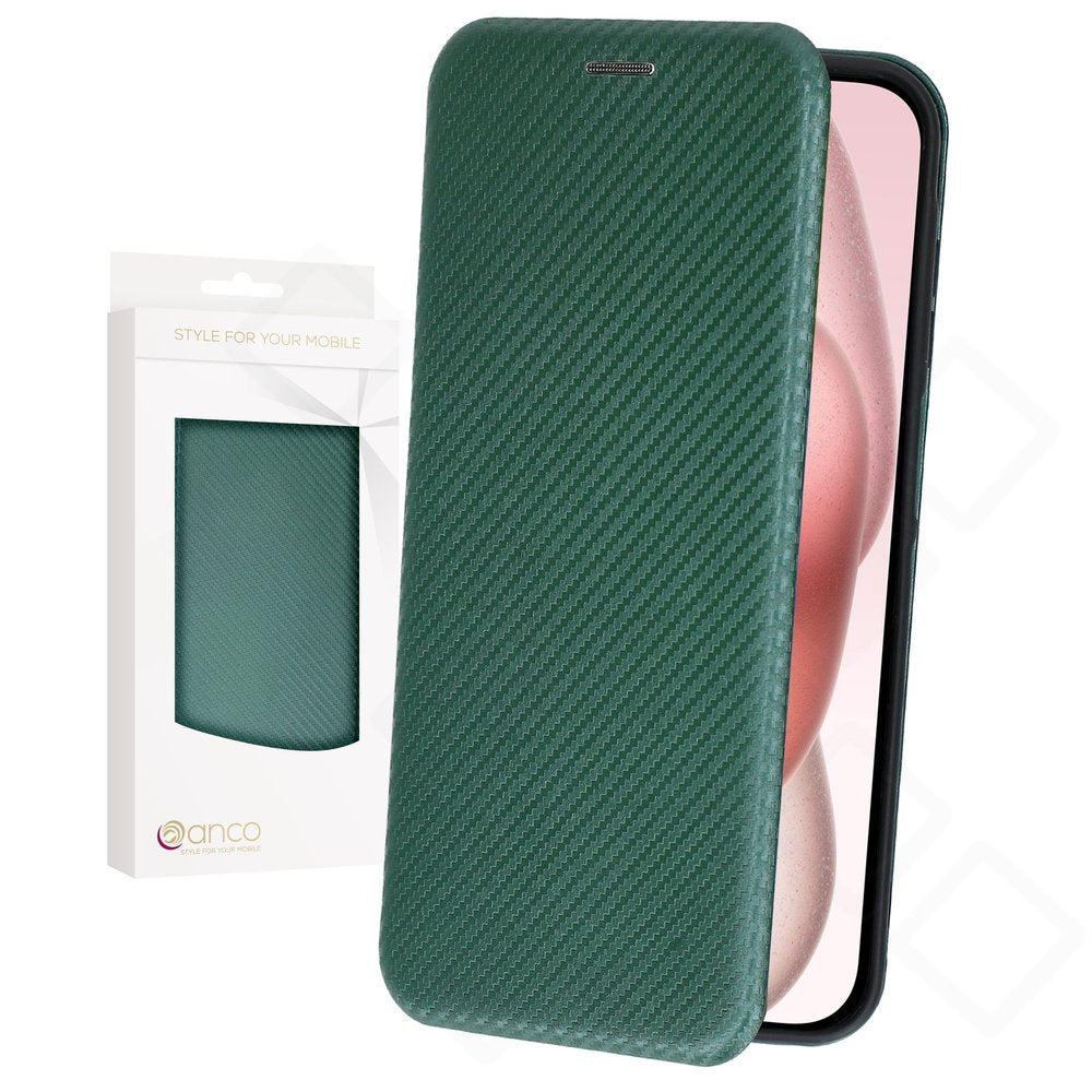 anco Bookcase Carbon Optic iPhone 15 – PU-Leder Wallet Kartenfach