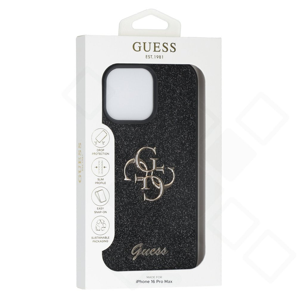 iPhone 16 Pro Max Hülle | Guess 4G Glitter Case PU-Leder Schwarz
