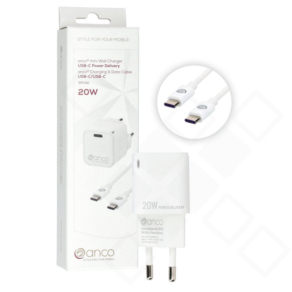 anco Mini Ladeset 20W USB-C Power Delivery – USB-C auf USB-C – Weiß