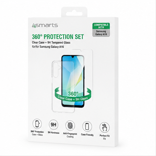 4smarts 360° Protection Set für Samsung Galaxy A16 – Schutzhülle & 9H Panzerglas Transparent