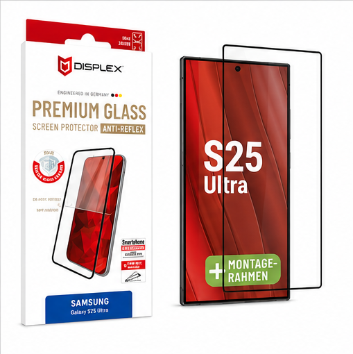 DISPLEX Premium Panzerglas Full Cover 10H für Samsung Galaxy S25 Ultra inkl. EASY-ON Montagerahmen