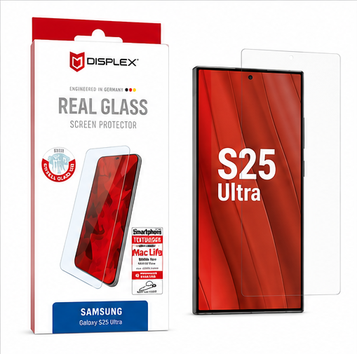 DISPLEX Real Glass Panzerglas für Samsung Galaxy S25 Ultra – 10H Displayschutz mit EASY-ON Montagerahmen