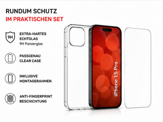 DISPLEX Real Glass + TPU Case Set für Apple iPhone 15 Pro – Panzerglas 10H & Schutzhülle