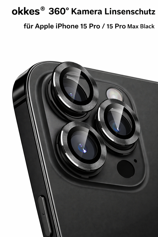 okkes Kamera Linsenschutz iPhone 15 Pro / Pro Max – 9H Glas Schwarz