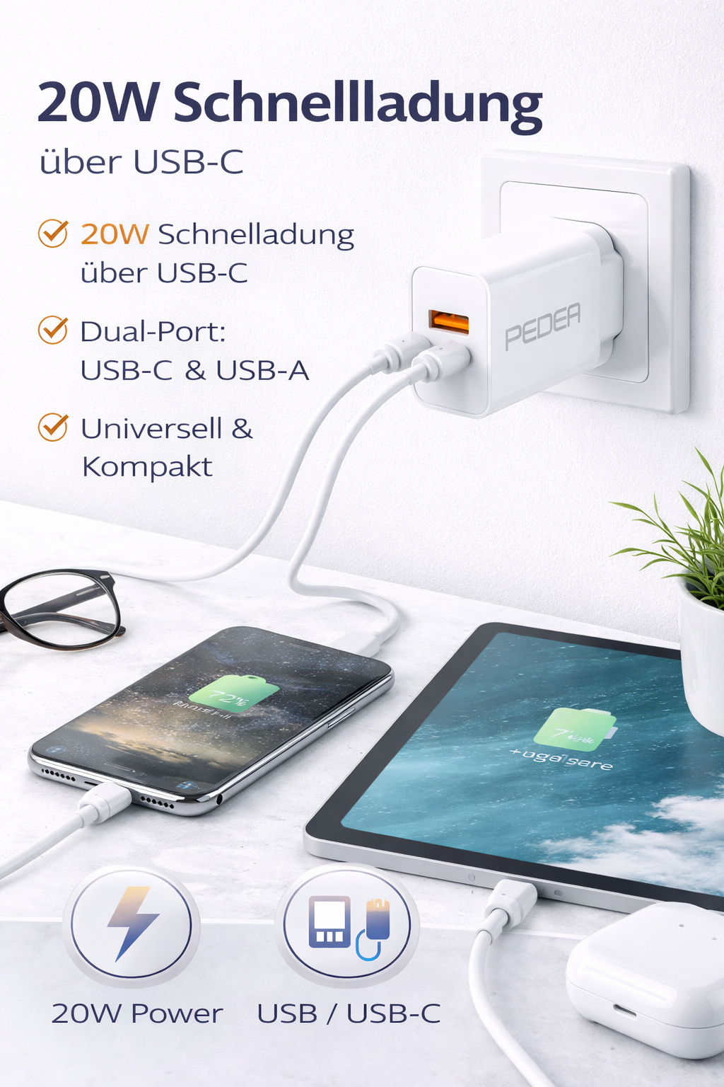 PEDEA Schnellladegerät 20W USB-C & USB-A – Dual Port Netzteil Weiß