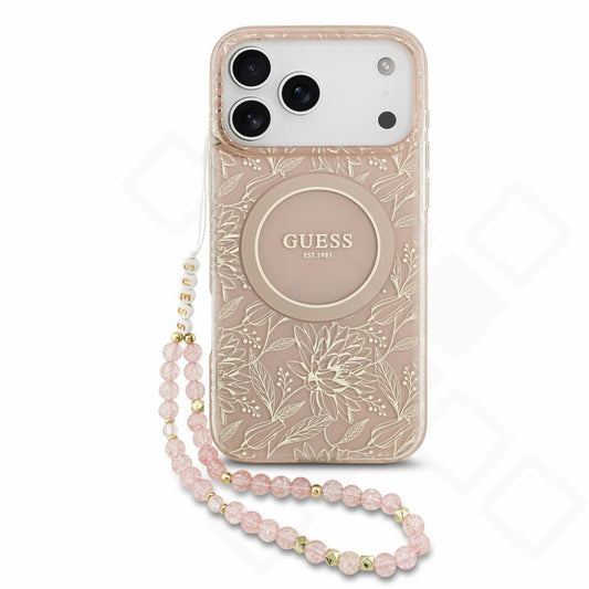 Guess IML Flowers Strap MagSafe Case für Apple iPhone 17 Pro Max, 18 Pro Max - pink