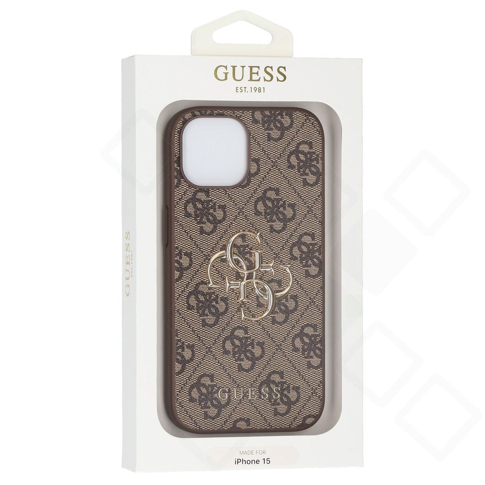 Guess PU 4G Metal Logo Case passend für Apple iPhone 13, iPhone 14 und iPhone 15 Braun
