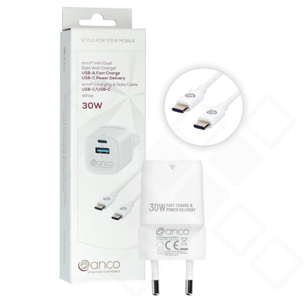 Weißes anco Mini GaN-Schnellladegerät mit USB-C- und USB-A-Anschluss sowie USB-C-Kabel