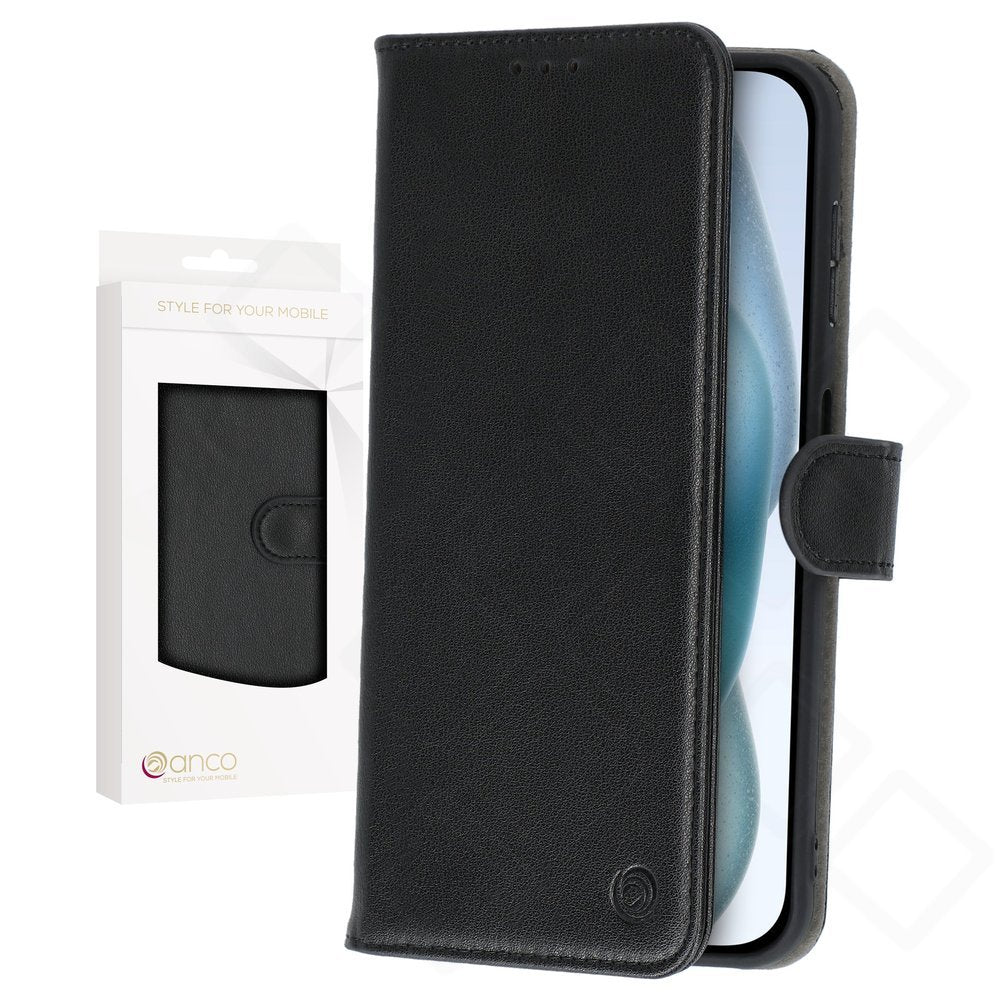 anco Basic Bookcase für Apple iPhone 15 Plus mit Kartenfach, Geldscheinfach und TPU-Halteschale schwarz