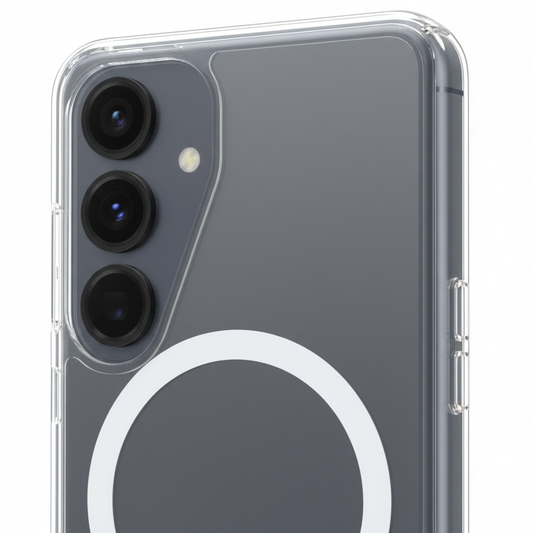 OtterBox Symmetry Clear Magnet S25 – Detailansicht Qi2 Magnet-Ring und verstärkte Ecke