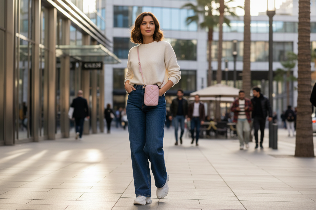 Frau trägt rosa Guess Quilted 4G Phone Bag als Umhängetasche in der Stadt