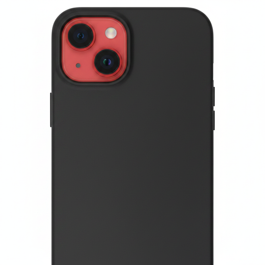 Nahaufnahme der matten Anti-Fingerprint Oberfläche und des Kameraausschnitts des anco Dark Case für iPhone 14 Plus