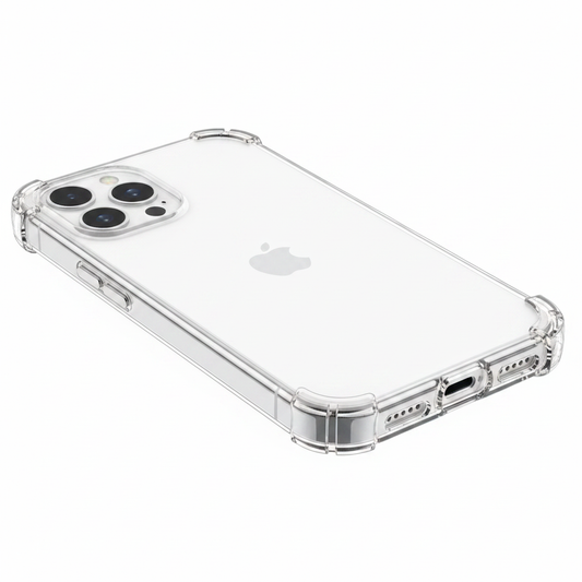 Nahaufnahme der verstärkten Ecken und Aussparungen der transparenten TPU Hülle für iPhone 14
