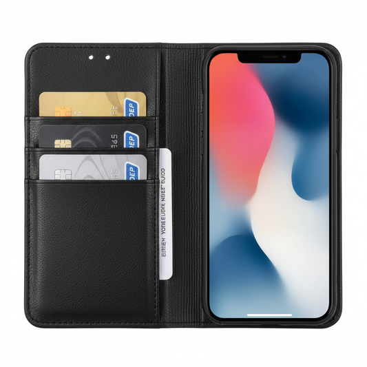 Geöffnetes Kartenfach des anco Bookcase Smart Mag für iPhone 15 – Innenseite mit Kreditkarten