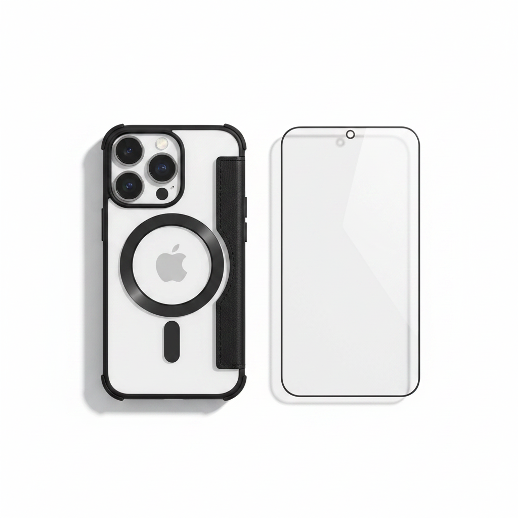 Bundle: anco Bookcase Smart Mag für iPhone 15 Pro und Panzerglas als Flat Lay