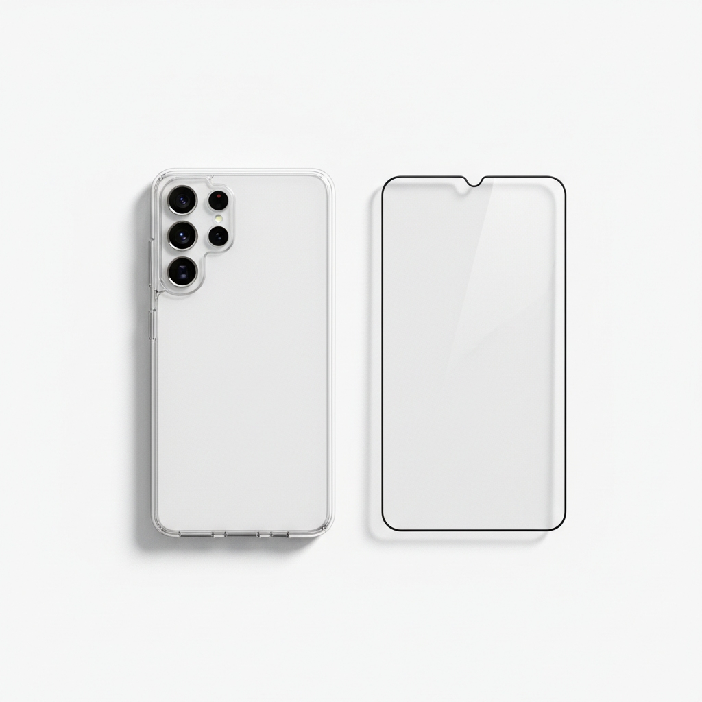 4smarts Bundle Galaxy S25 Ultra – Transparente Hülle und Panzerglas Flat Lay
