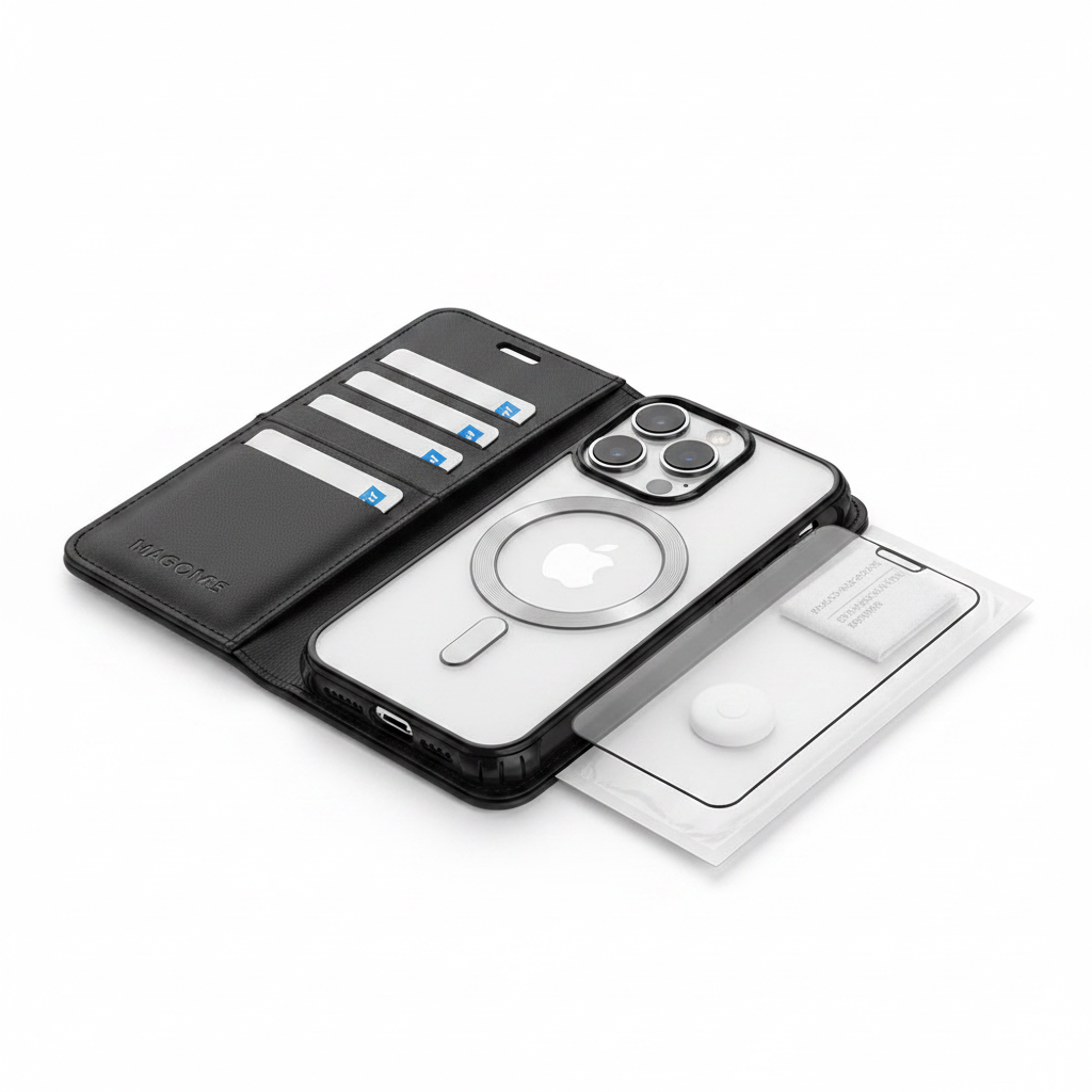 Bundle: anco Bookcase Smart Mag für iPhone 15 und Panzerglas als Flat Lay