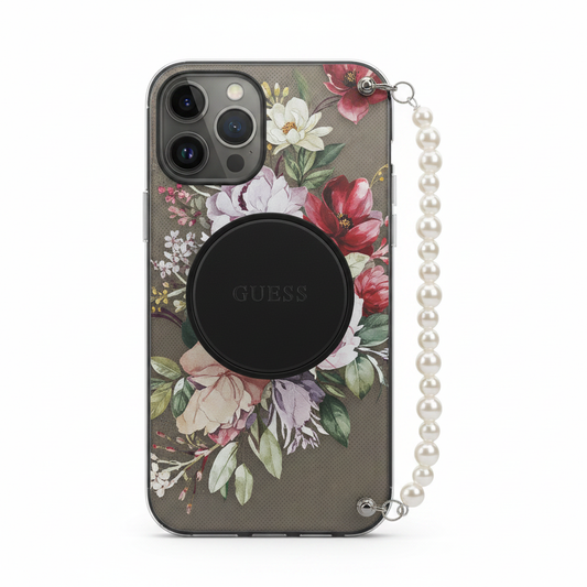 Guess IML Flowers Strap MagSafe Case iPhone 17 – Rückansicht Blumenmotiv