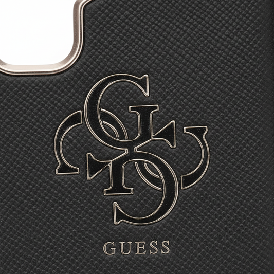 Guess PU Saffiano Case S26 Ultra – Detailansicht Kreuzschraffur-Textur Guess Logo PU-Qualität