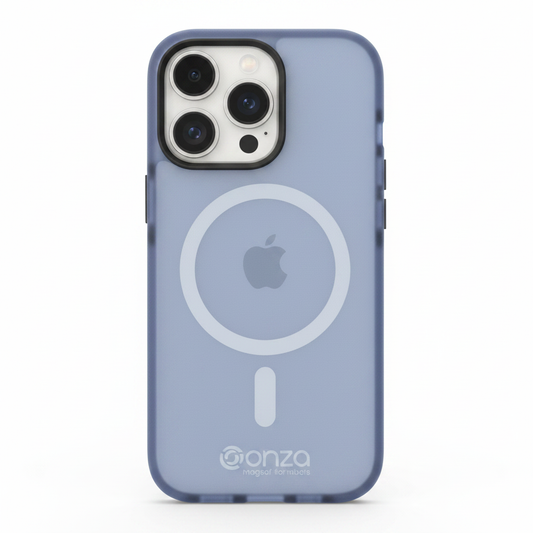 Frosted Blue iPhone 15 Pro MagSafe Hülle – Rückansicht mit MagSafe-Ring