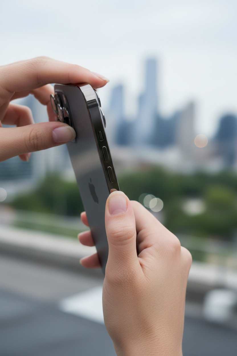 OKKES Linsenschutz iPhone Air – Lifestyle Hand beim Fotografieren