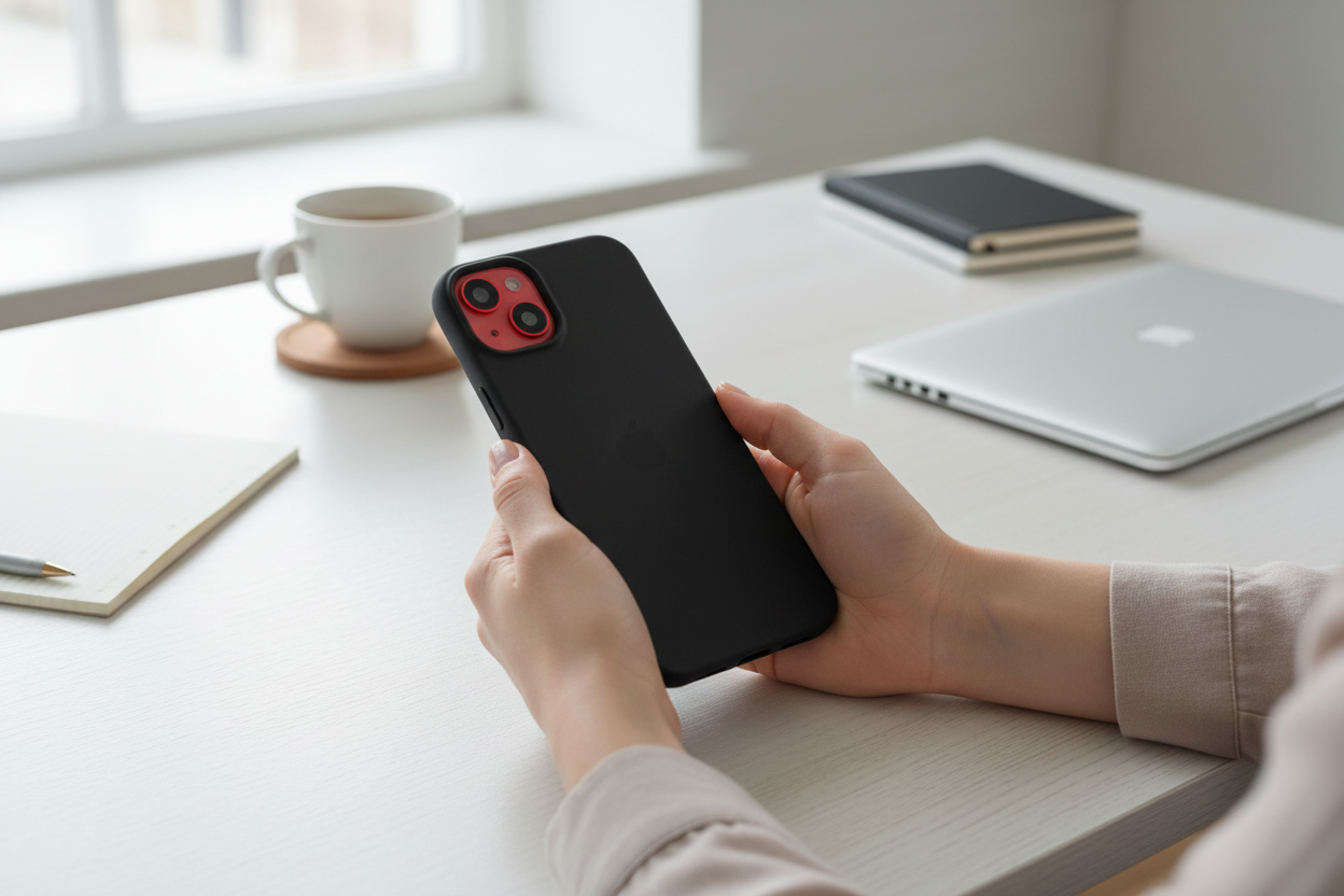 Person hält iPhone 14 Plus mit mattem schwarzen anco Dark Case am modernen Arbeitsplatz