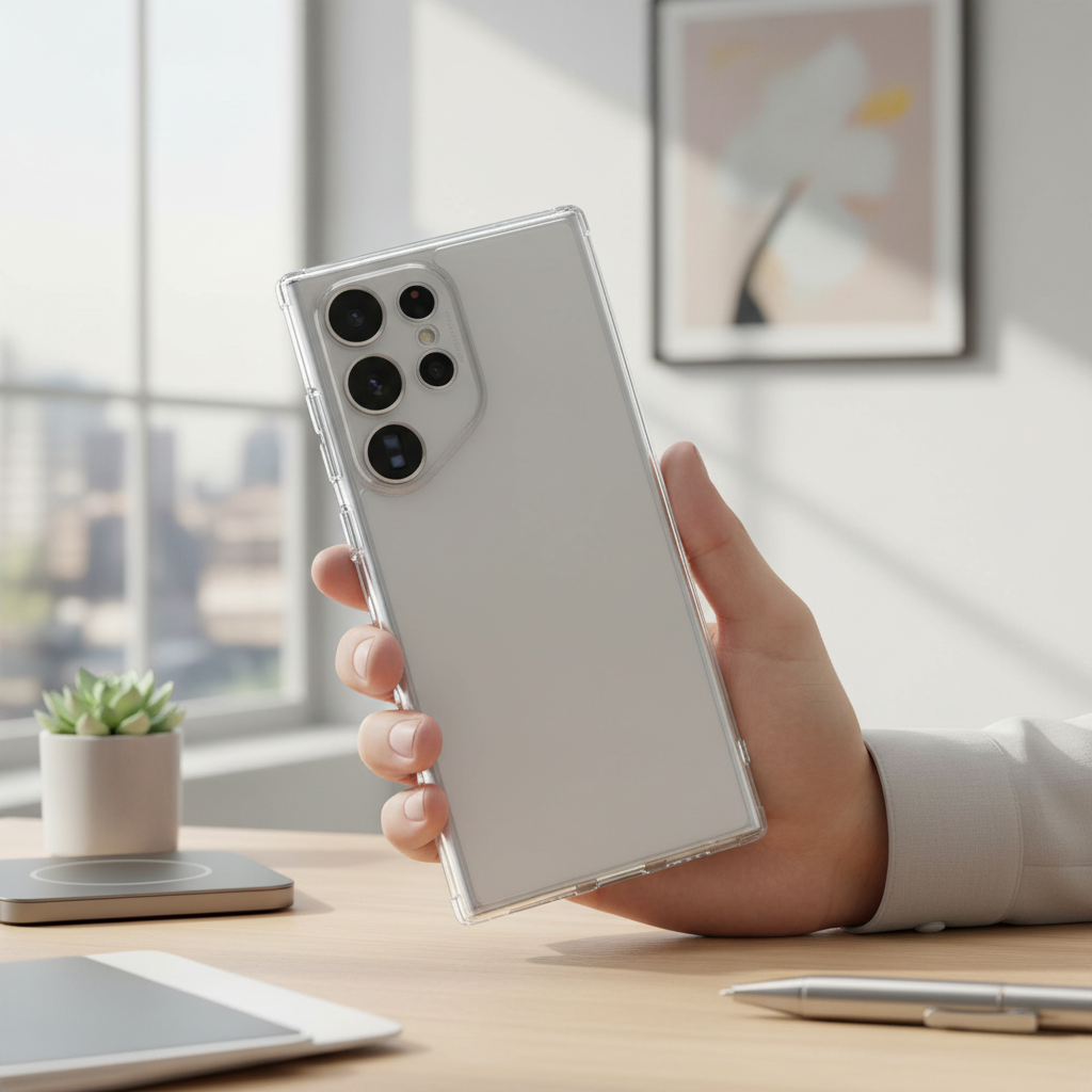 okkes Jump Plus Case S25 Ultra – Lifestyle Rückansicht Originaldesign sichtbar durch Case