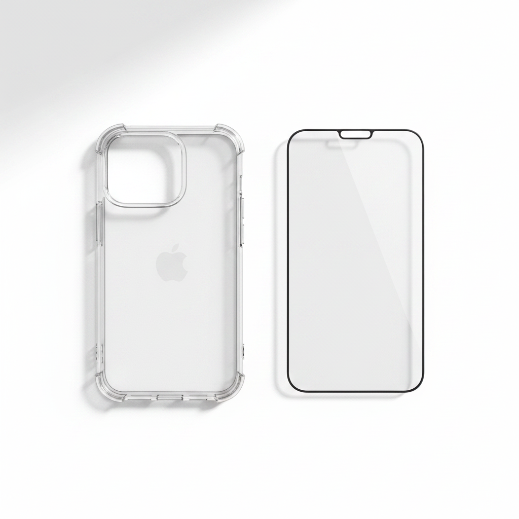 Bundle: okkes JUMP PLUS Hülle und Panzerglas für iPhone 16 Pro Max als Flat Lay