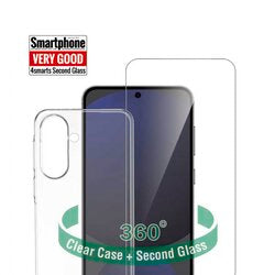 Smartphone mit transparentem Schutzcase und Displayschutzglas. Werbebild für 360° Rundumschutz mit Clear Case und zweitem Schutzglas.