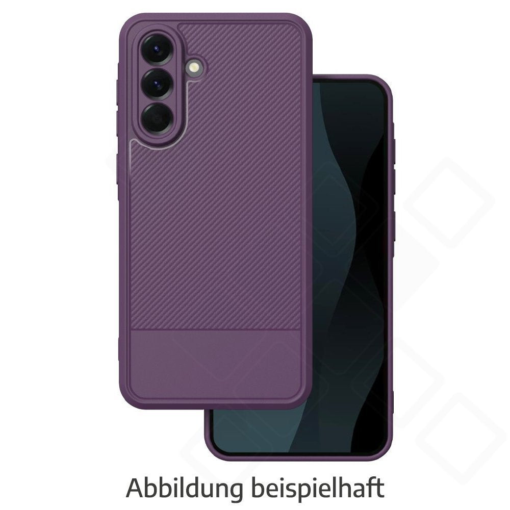Lila Smartphone-Schutzhülle mit strukturierter Rückseite und passgenauem Kameraschutz, dargestellt auf einem Smartphone. Robustes Case mit modernem Design.