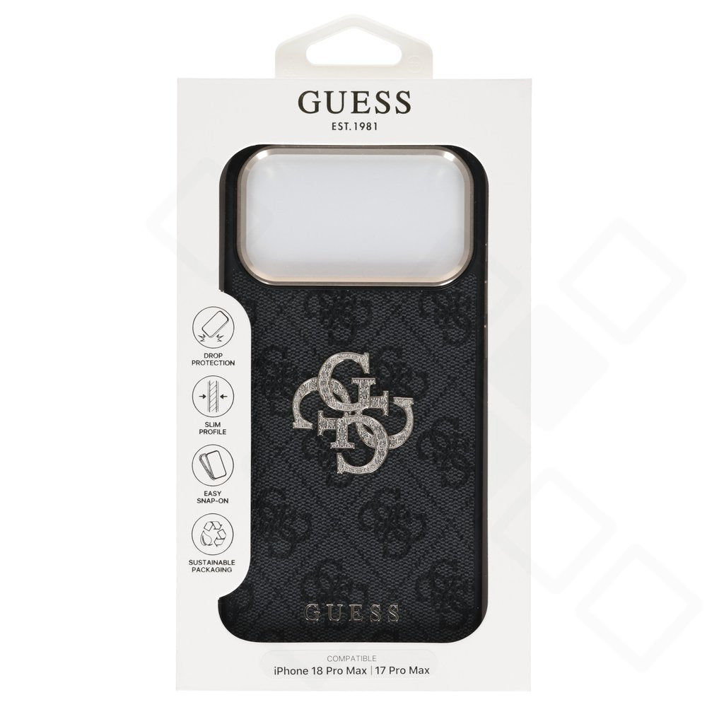 Original Guess 4G & Big Strass Logo Case für Apple iPhone 17 Pro Max / 18 Pro Max – Öko-Leder Schutzhülle