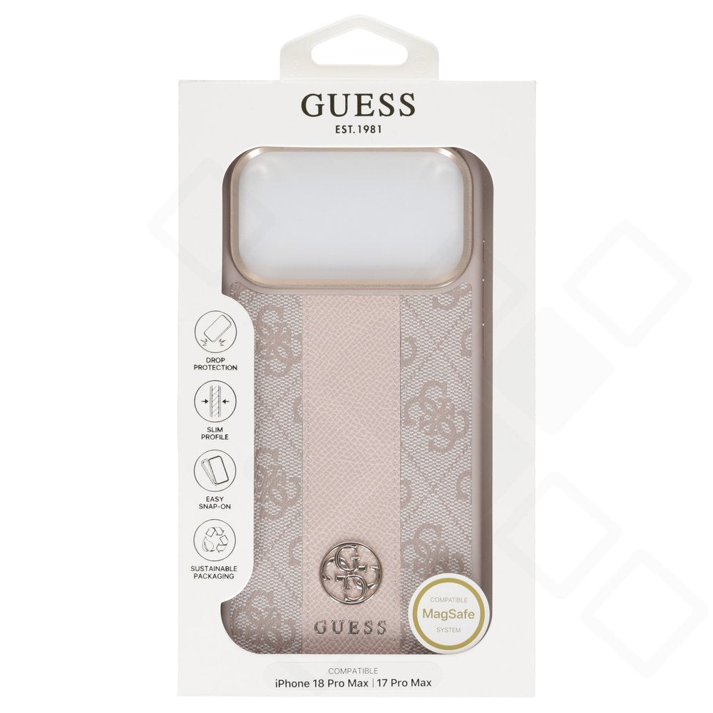 Original Guess 4G with Stripe Round & Classic Logos MagSafe Case für Apple iPhone 17 Pro Max / 18 Pro Max – Öko-Leder in Pink