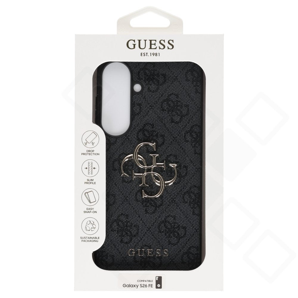 Guess Big 4G Logo Classic Logo Cover – Exklusive Öko-Leder Schutzhülle mit 4G-Muster & großem Metall-Logo für Samsung Galaxy S26 FE (S741B) –  Premium Case