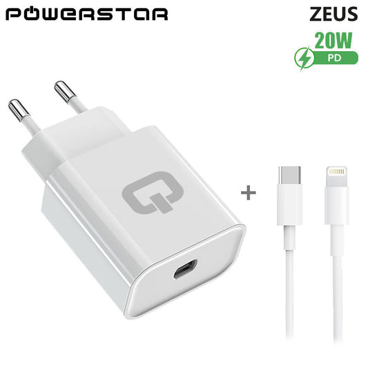 Powerstar ZEUS 20W USB-C Ladegerät mit Lightning Kabel – Schnelllade Set Weiß