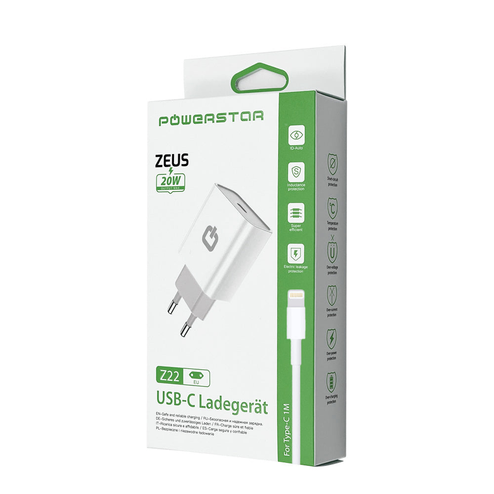 Powerstar ZEUS 20W USB-C Ladegerät mit Lightning Kabel – Schnelllade Set Weiß