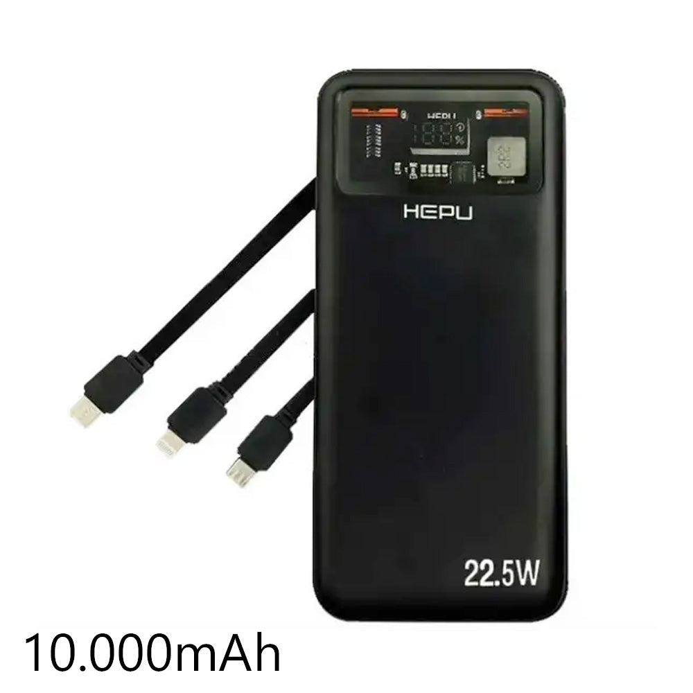 HEPU Powerbank 10.000 mAh 22,5W – mit USB-C, Lightning & Micro-USB Kabel
