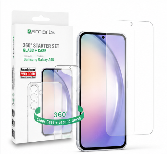 4smarts 360° Starter Set Samsung Galaxy A55 mit Panzerglas und transparentem Case