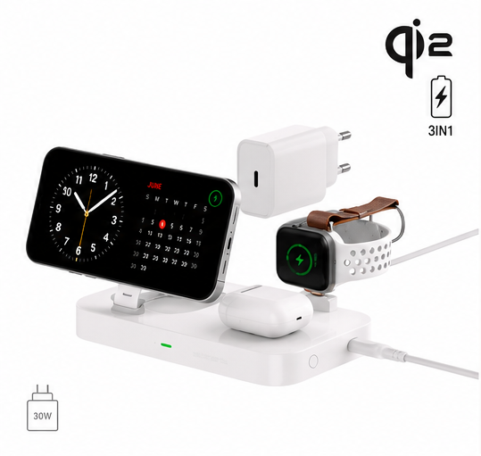 4smarts Qi2 Trident 3-in-1 Ladestation mit Apple Watch Charger und 30-W-Netzteil