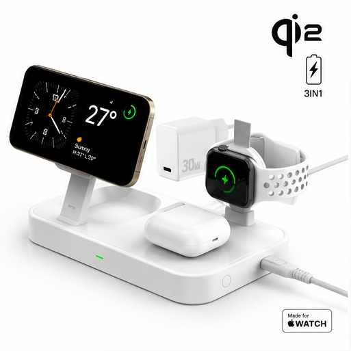 4smarts Qi2 Trident 3-in-1 Ladestation mit MagSafe, Apple Watch Schnellladegerät und 30W Netzteil in Weiß