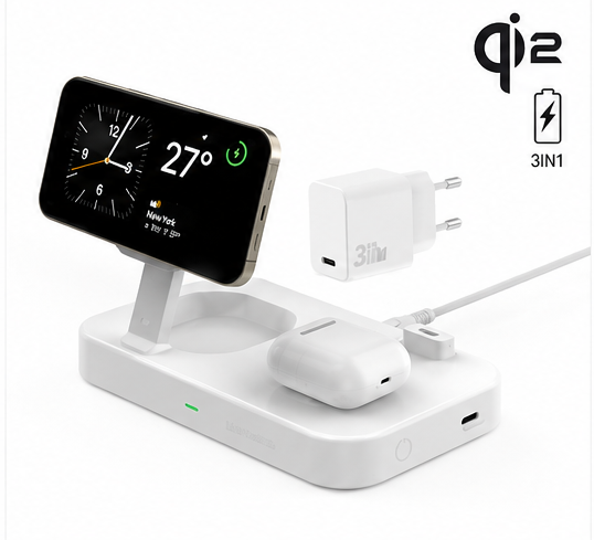 4smarts Qi2 Ladestation Trident in Weiß mit 3-in-1 Wireless Charging und 30W Netzteil