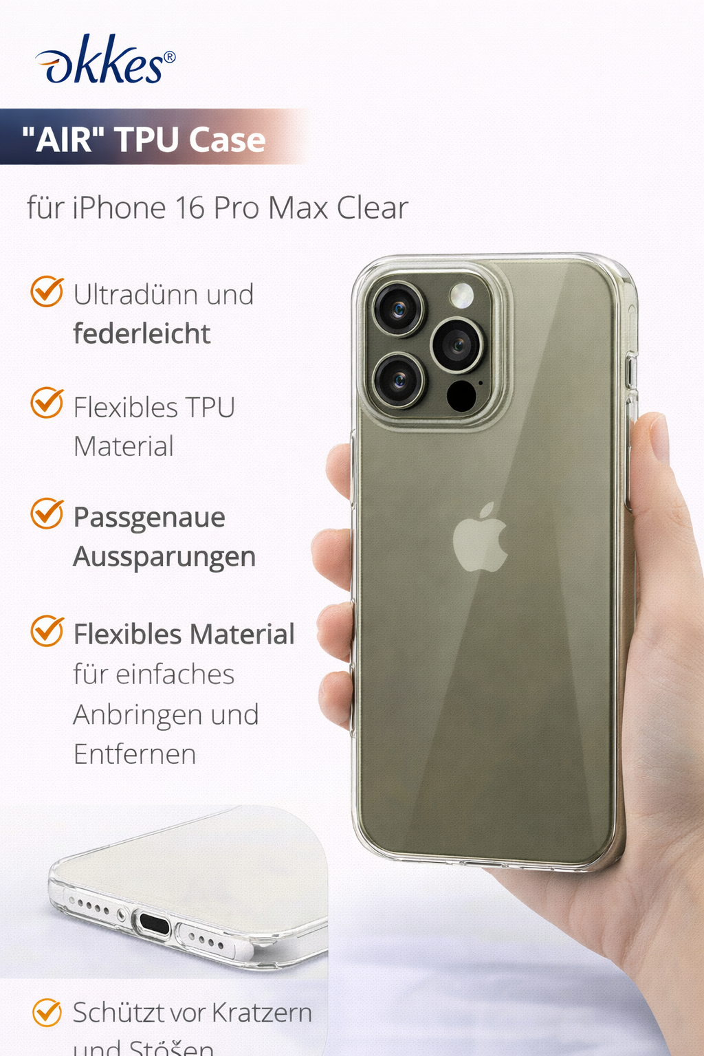 okkes® AIR TPU Case für Apple iPhone 16 Pro Max Transparent