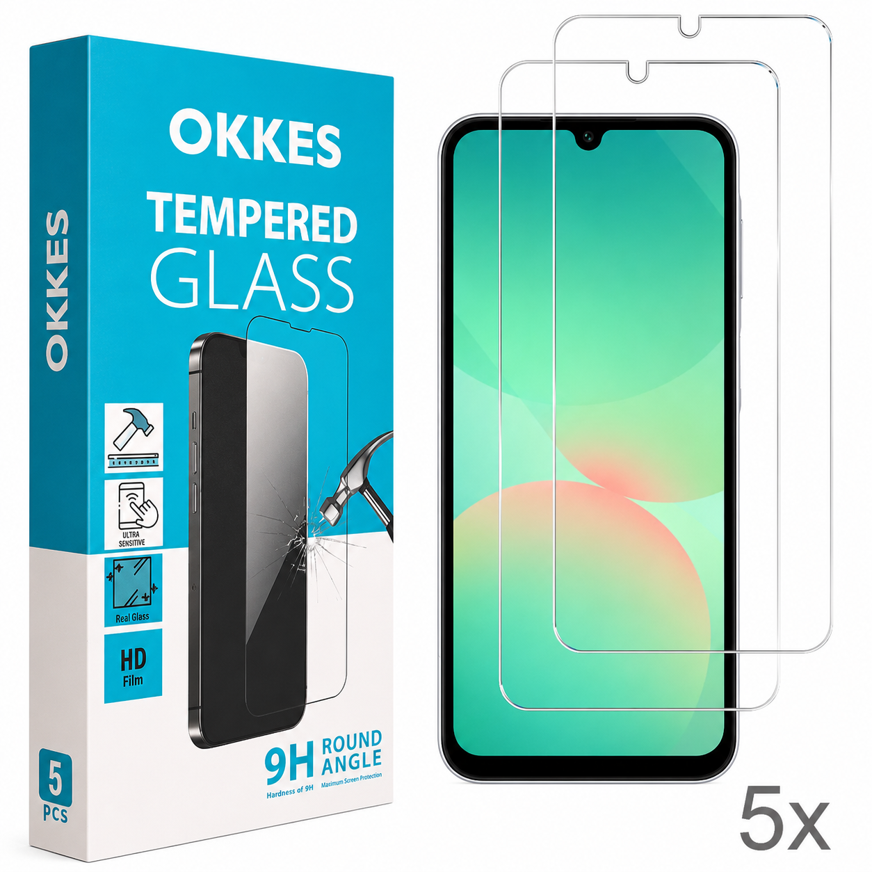 5er Set okkes Tempered Glass für Samsung Galaxy A17 4G, A17 5G, A18 4G und A18 5G