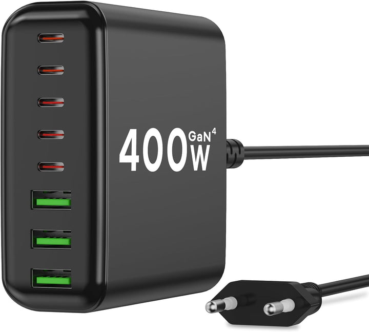 400W USB C Ladegerät Mehrfach, GaN IV 8 Ports USB Ladegerät Mehrfach, 400W 8-Port Schnellladegerät Kompatibel mit MacBook Pro/Air, iPad Pro/Air, iPhone, Android etc (Schwarz, 8 Ports)