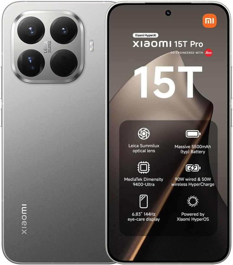XIAOMI 15T Pro 12+512GB, Unlocked, 6,83" 144Hz, Dimensity 9400+, 50MP Leica 5X Teleobjektiv, 5500mAh, Titan, 2J Garantie
