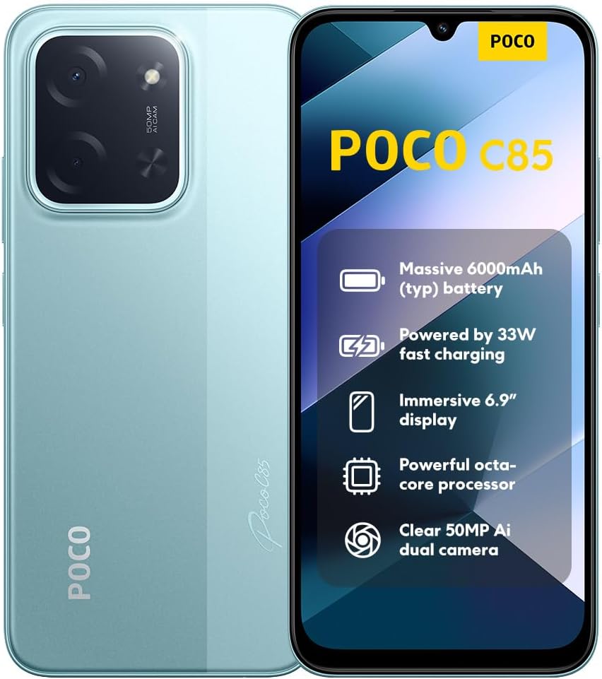 POCO C85 4G mit 128 GB in Grün – Vorder- und Rückansicht
