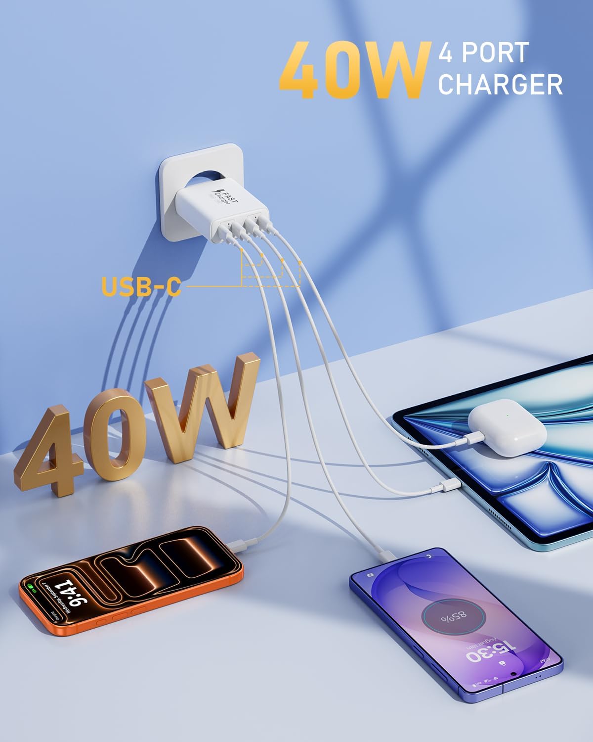 2er Pack 40W Ladegerät USB C Mehrfach, 4 Port USBC Stecker Netzteil Ladeadapter, Adapter Kompatibel mit iPhone 16 15 14 13 12 11 Pro Max SE XS XR X 8 7 Plus, iPad, Samsung Schnellladegerät Steckdose