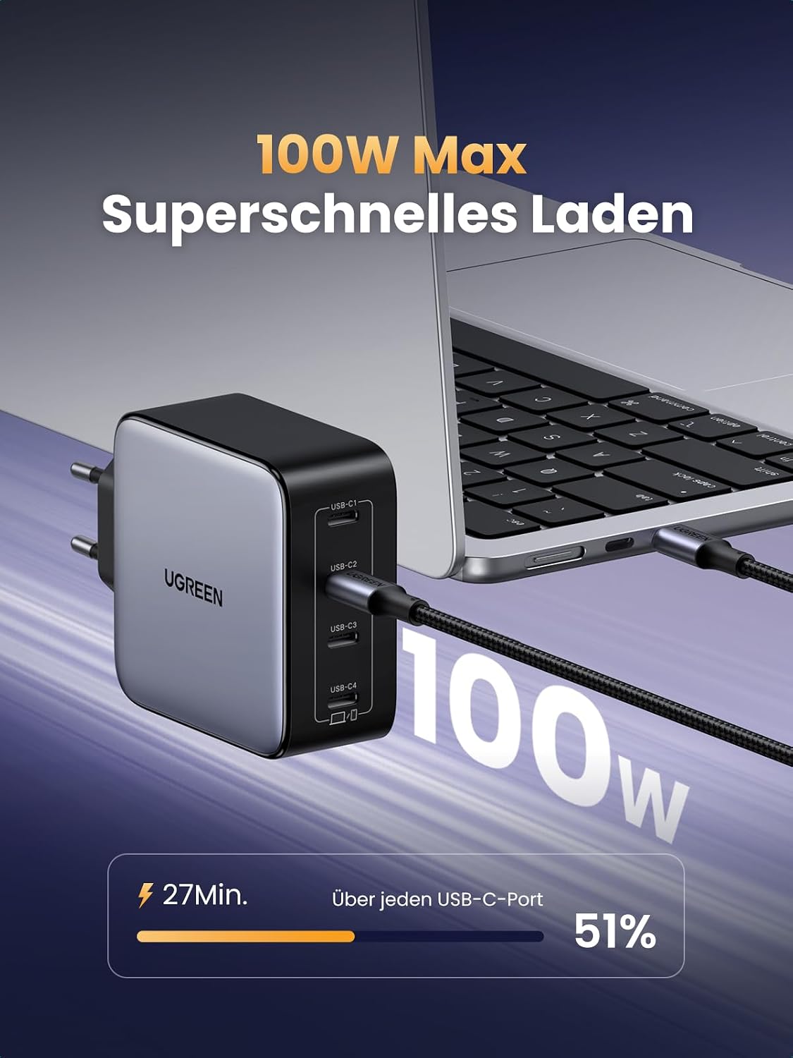 UGREEN Nexode 100W USB C Ladegerät, 4 Ports, GaN Netzteil, Laptop Charger