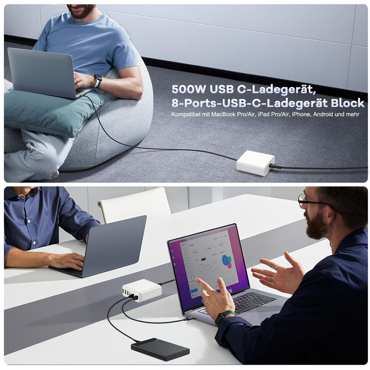 400W USB C Ladegerät Mehrfach, GaN IV 8 Ports USB Ladegerät Mehrfach, 400W 8-Port Schnellladegerät Kompatibel mit MacBook Pro/Air, iPad Pro/Air, iPhone, Android etc (Schwarz, 8 Ports)