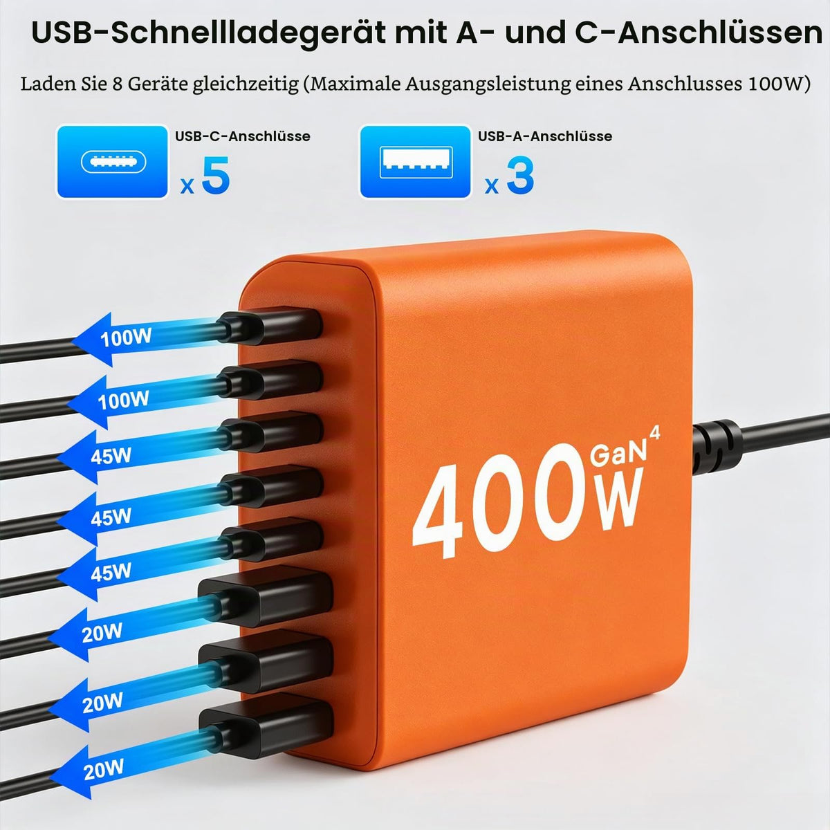 400W USB C Ladegerät Mehrfach, GaN IV 8 Ports USB Ladegerät Mehrfach, 400W 8-Port Schnellladegerät Kompatibel mit MacBook Pro/Air, iPad Pro/Air, iPhone, Android etc (Schwarz, 8 Ports)